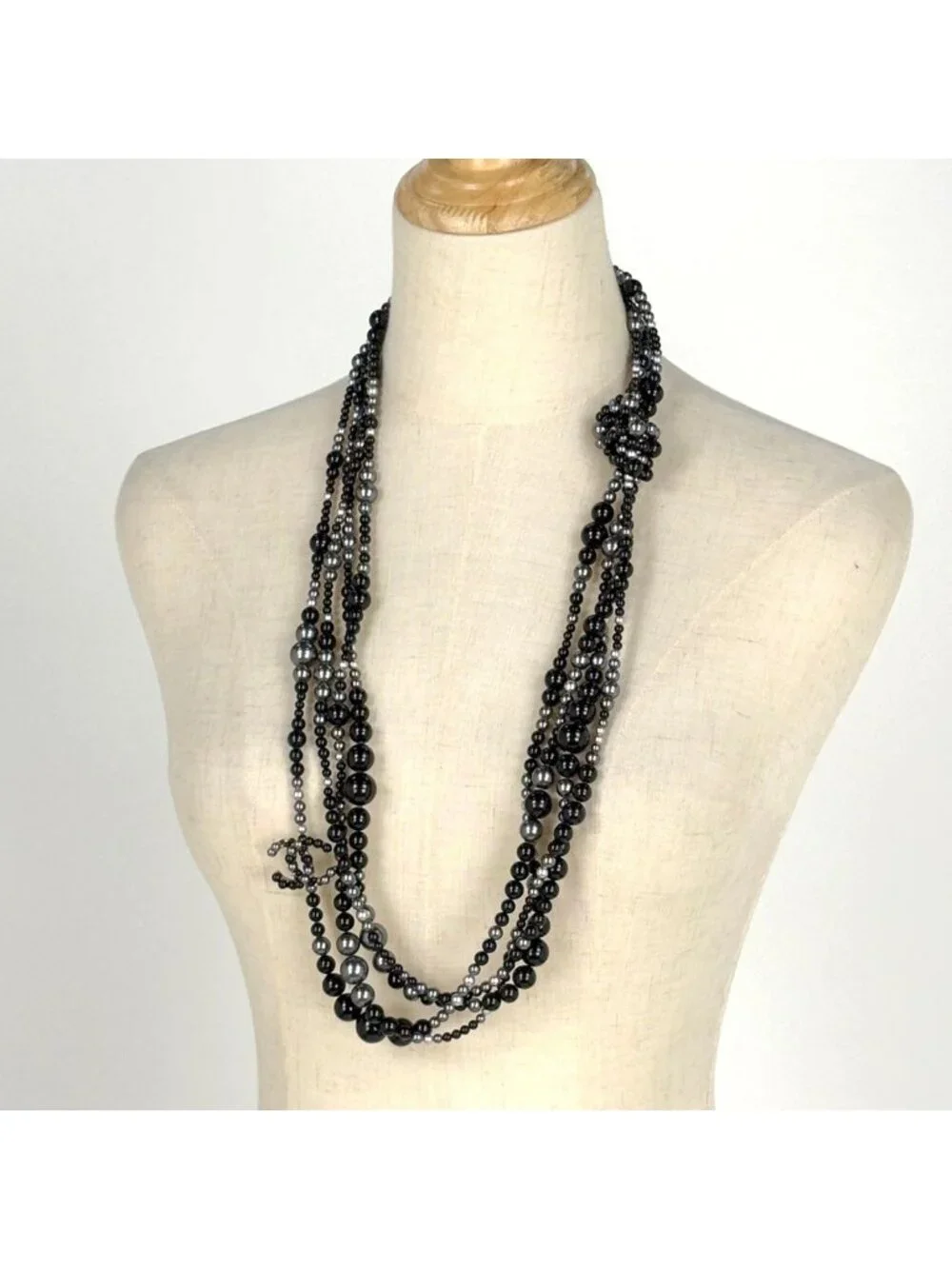 Chanel Necklace CC Logo Faux Pearl Metal Black Silver